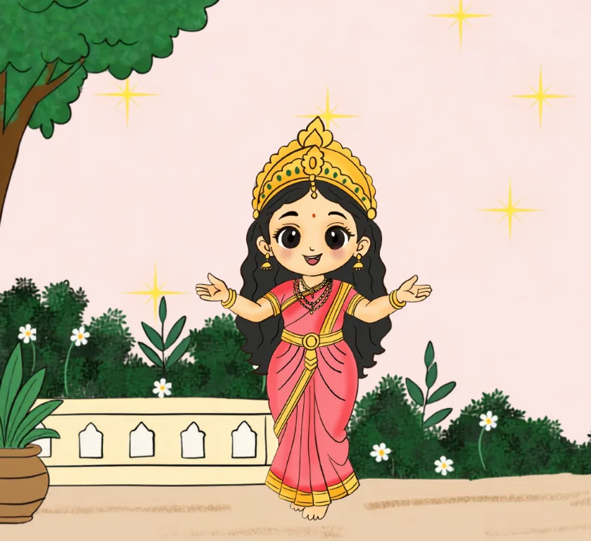 Goddess Lakshmi in a pink sari welcoming everyone with open arms
